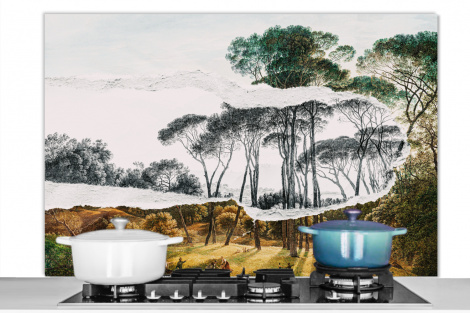 Spatscherm keuken - Italiaans landschap parasoldennen - Kunst - Hendrik Voogd - Schilderij - Zwart wit - Oude meesters-thumbnail-1