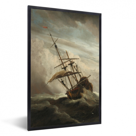 Poster met lijst - Een schip in volle zee bij vliegende storm - Schilderij van Willem van de Velde - Staand-thumbnail-1