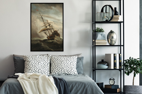 Poster met lijst - Een schip in volle zee bij vliegende storm - Schilderij van Willem van de Velde - Staand-thumbnail-4