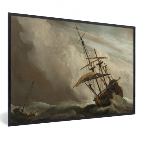 Poster met lijst - Een schip in volle zee bij vliegende storm - Schilderij van Willem van de Velde - Liggend