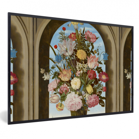 Poster met lijst - Vaas met bloemen in een venster - Schilderij van Ambrosius Bosschaert de Oude - Liggend-thumbnail-1