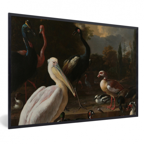 Poster met lijst - Een pelikaan en ander gevogelte bij een waterbassin - Schilderij van Melchior d'Hondecoeter - Liggend-thumbnail-1