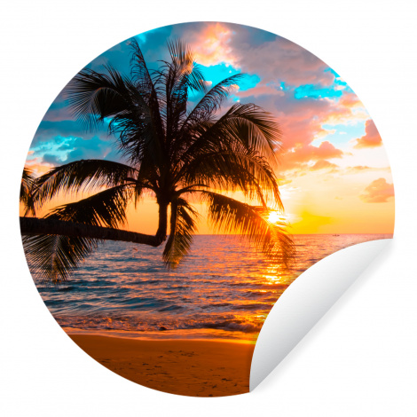 Runde Tapete - Palme - Sonnenuntergang - Horizont - Strand - Meer - Tropisch-1