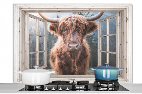 Spatscherm keuken - Schotse hooglander - Koe - Berg - Doorkijk