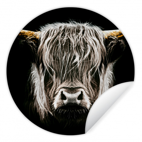 Runde Tapete - Schottischer Highlander - Gold - Hörner - Schwarz und weiß - Kuh - Tiere