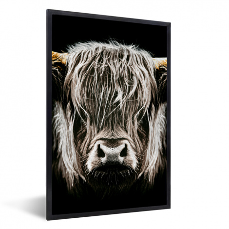 Poster met lijst - Schotse hooglander - Goud - Hoorns - Zwart wit - Koe - Dieren - Staand-thumbnail-1