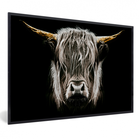 Poster met lijst - Schotse hooglander - Goud - Hoorns - Zwart wit - Koe - Dieren - Liggend-thumbnail-1