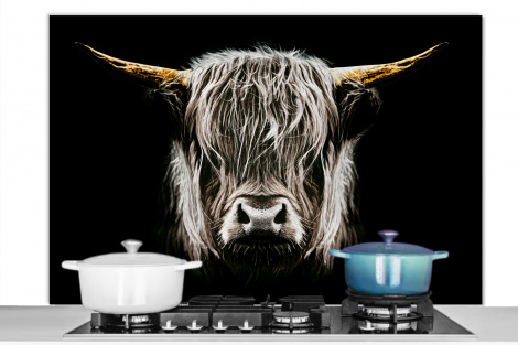 Spatscherm keuken - Schotse hooglander - Portret - Zwart - Wit - Koe - Dieren