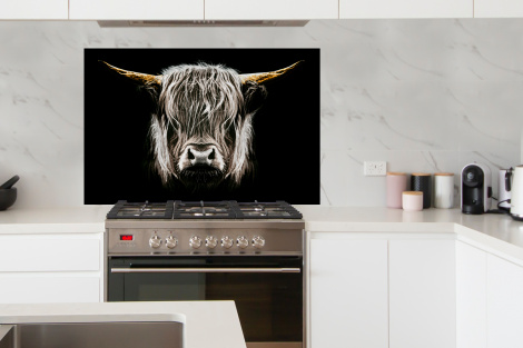 Spatscherm keuken - Schotse hooglander - Portret - Zwart - Wit - Koe - Dieren-4