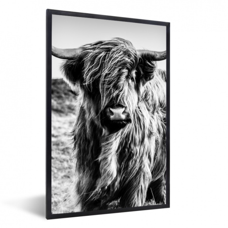 Poster met lijst - Schotse hooglander - Natuur - Koe - Zwart - Wit - Staand-thumbnail-1