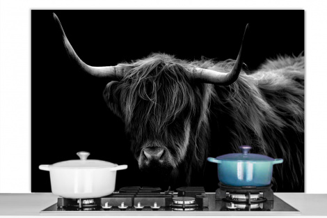 Spatscherm keuken - Schotse Hooglander - Horens - Zwart - Dieren - Natuur - Wild - Koe-thumbnail-1