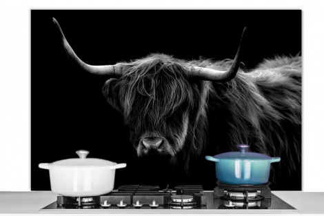 Spatscherm keuken - Portret van een Schotse hooglander op een zwarte achtergrond - zwart wit-thumbnail-1
