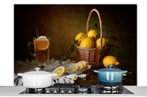 Spritzschutz Küche - Stilleben - Tee - Zitrone - Malerei - Kunst