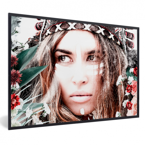 Poster mit Rahmen - Frau - Blumen - Indischer Kopfschmuck - Rosen - Blumen - Horizontal