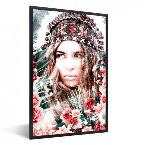 Poster mit Rahmen - Frau - Blumen - Indischer Kopfschmuck - Rosen - Blumen - Vertikal-thumbnail-1