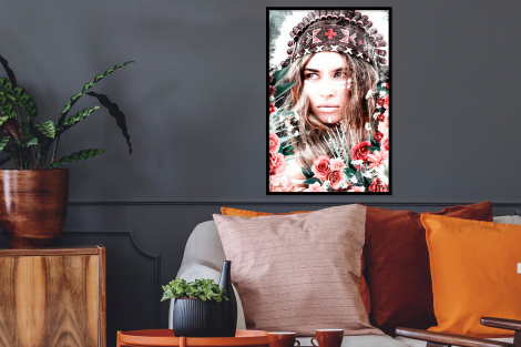 Poster mit Rahmen - Frau - Blumen - Indischer Kopfschmuck - Rosen - Blumen - Vertikal-thumbnail-2