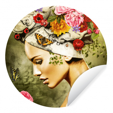 Runde Tapete - Frau - Blumen - Farben - Schmetterlinge - Rosen - Kopftuch