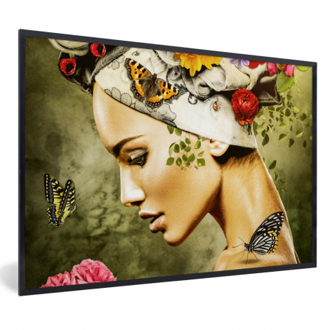 Poster met lijst - Vrouw - Bloemen - Kleuren - Vlinders - Rozen - Hoofddoek - Liggend-thumbnail-1