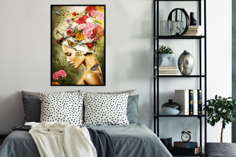 Poster mit Rahmen - Frau - Blumen - Farben - Schmetterlinge - Rosen - Kopftuch - Vertikal-thumbnail-4
