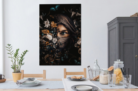 Canvas schilderij - Vrouw - Hoofddoek - Bloemen - Vlinders-4