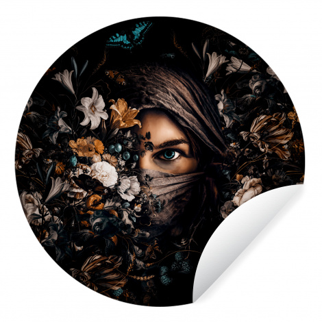 Runde Tapete - Frau - Luxus - Blumen - Schmetterling - Porträt