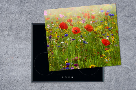 Herdabdeckplatte - Frühling - Blumen - Rot - Mohn - Gras - Grün-1