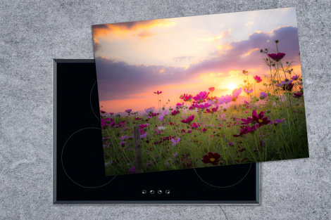 Herdabdeckplatte - Sonnenuntergang - Blumen - Rosa - Natur - Grün-thumbnail-1