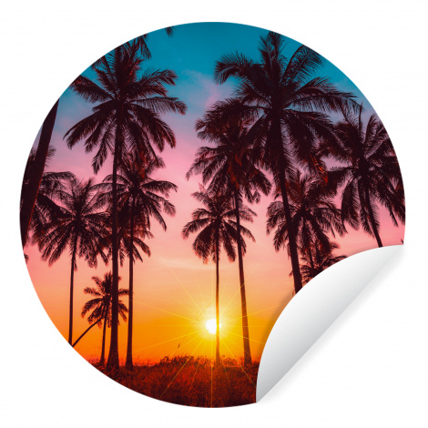 Behangcirkel - Palmboom - Zonsondergang - Horizon - Strand - Oranje - Roze-thumbnail-1