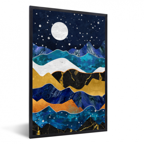 Poster mit Rahmen - Nacht - Gold - Marmor - Abstrakt - Landschaft - Berg - Vertikal