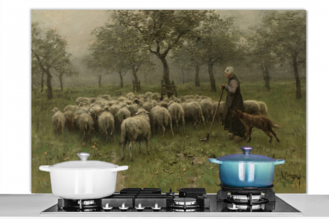 Spatscherm keuken - Herderin met kudde schapen - Schilderij van Anton Mauve
