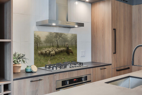 Spatscherm keuken - Herderin met kudde schapen - Schilderij van Anton Mauve-2