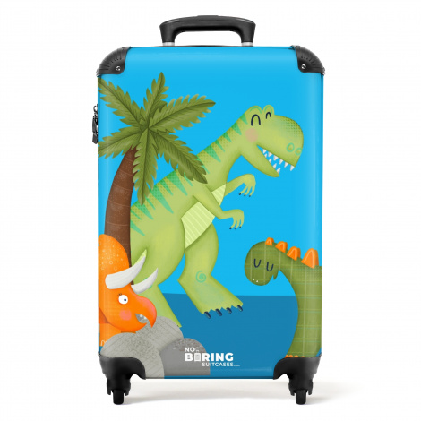 Koffer - Groene en oranje dino's met blauwe achtergrond