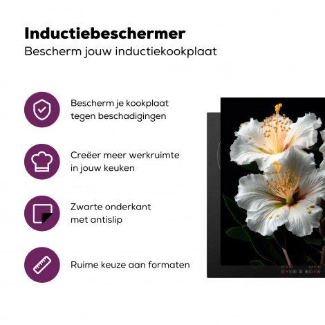 Inductiebeschermer - Bloemen - Wit - Hibiscus - Natuur - Zwart-3