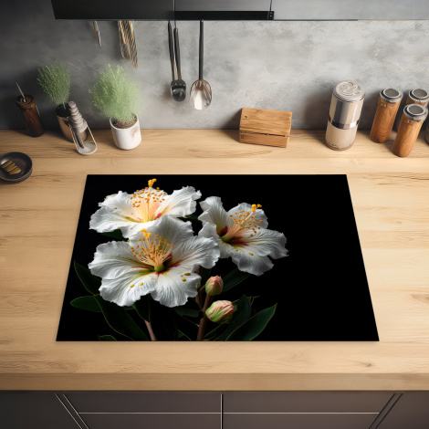 Inductiebeschermer - Bloemen - Wit - Hibiscus - Natuur - Zwart-2