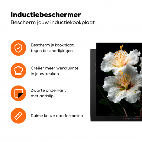 Inductiebeschermer - Bloemen - Wit - Hibiscus - Natuur - Zwart-3
