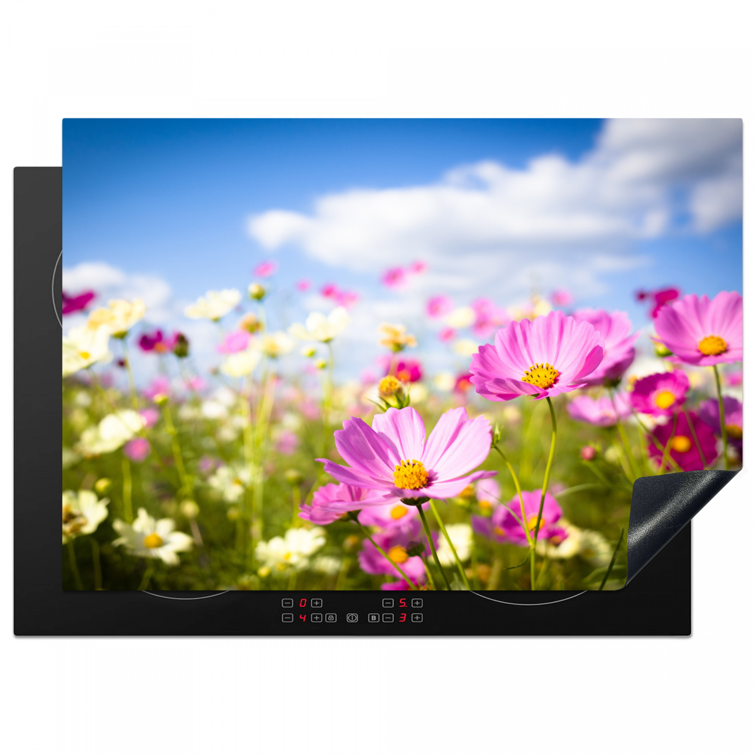 Inductiebeschermer - Bloemen - Wei - Paars - Gras - Wit - Wolken - Blauw