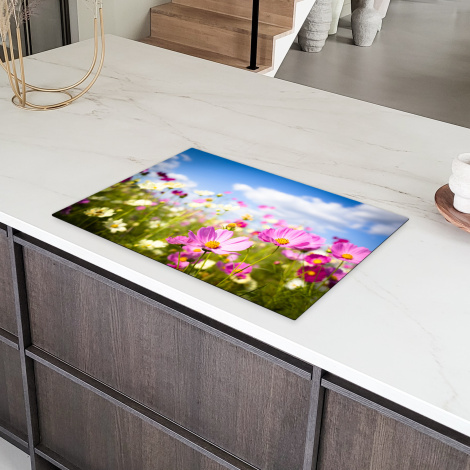 Inductiebeschermer - Bloemen - Wei - Paars - Gras - Wit - Wolken - Blauw-6