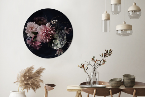 Muurcirkel - Bloemen - Vintage - Pastel - Roze - Wit-3