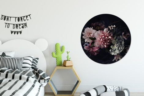 Muurcirkel - Bloemen - Vintage - Pastel - Roze - Wit-2