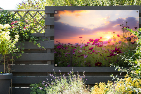 Tuinposter - Zonsondergang - Bloemen - Roze - Natuur - Groen - Liggend-thumbnail-2