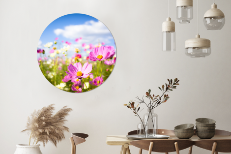 Muurcirkel - Bloemen - Wei - Paars - Gras - Wit - Wolken - Blauw-3