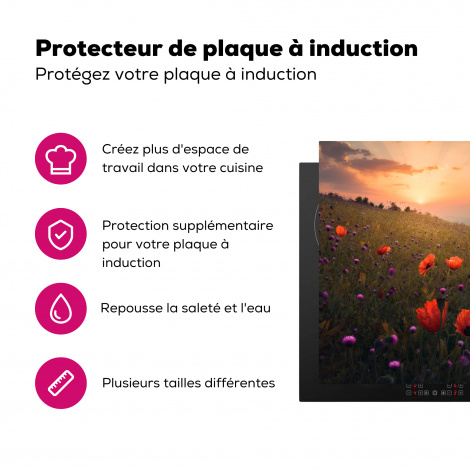 Protège-plaque à induction - Champ de fleurs - Herbe - Fleurs - Plantes - Coucher de soleil - Orange-3