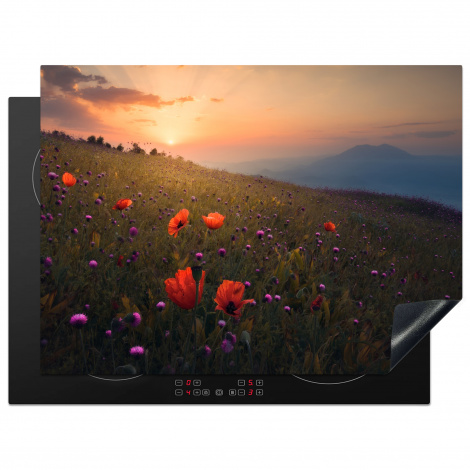 Herdabdeckplatte - Blumenfeld - Gras - Blumen - Pflanzen - Sonnenuntergang - Orange