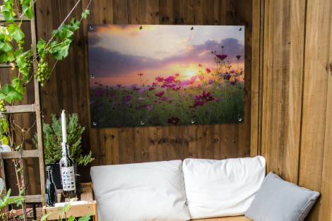 Tuinposter - Bloemen - Roze - Zonsondergang - Natuur - Weide - Horizon - Liggend-3