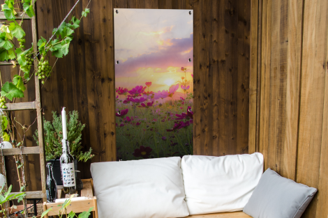 Tuinposter - Bloemen - Roze - Zonsondergang - Natuur - Weide - Horizon - Staand-4
