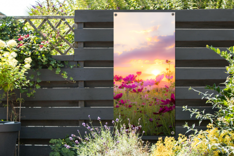 Tuinposter - Bloemen - Roze - Zonsondergang - Natuur - Weide - Horizon - Staand-thumbnail-2