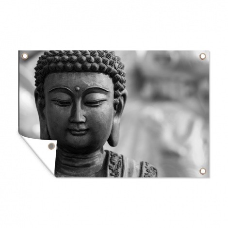 Tuinposter - Boeddha - Grijs - Spiritualiteit - Buddha beeld - Religie - Liggend