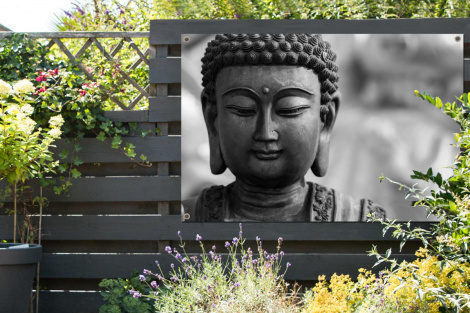 Tuinposter - Boeddha - Grijs - Spiritualiteit - Buddha beeld - Religie - Liggend-2