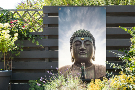 Tuinposter - Boeddha hoofd - Buddha - Lucht - Spiritueel - Meditatie - Staand-2