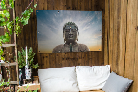 Tuinposter - Boeddha hoofd - Buddha - Lucht - Spiritueel - Meditatie - Liggend-3